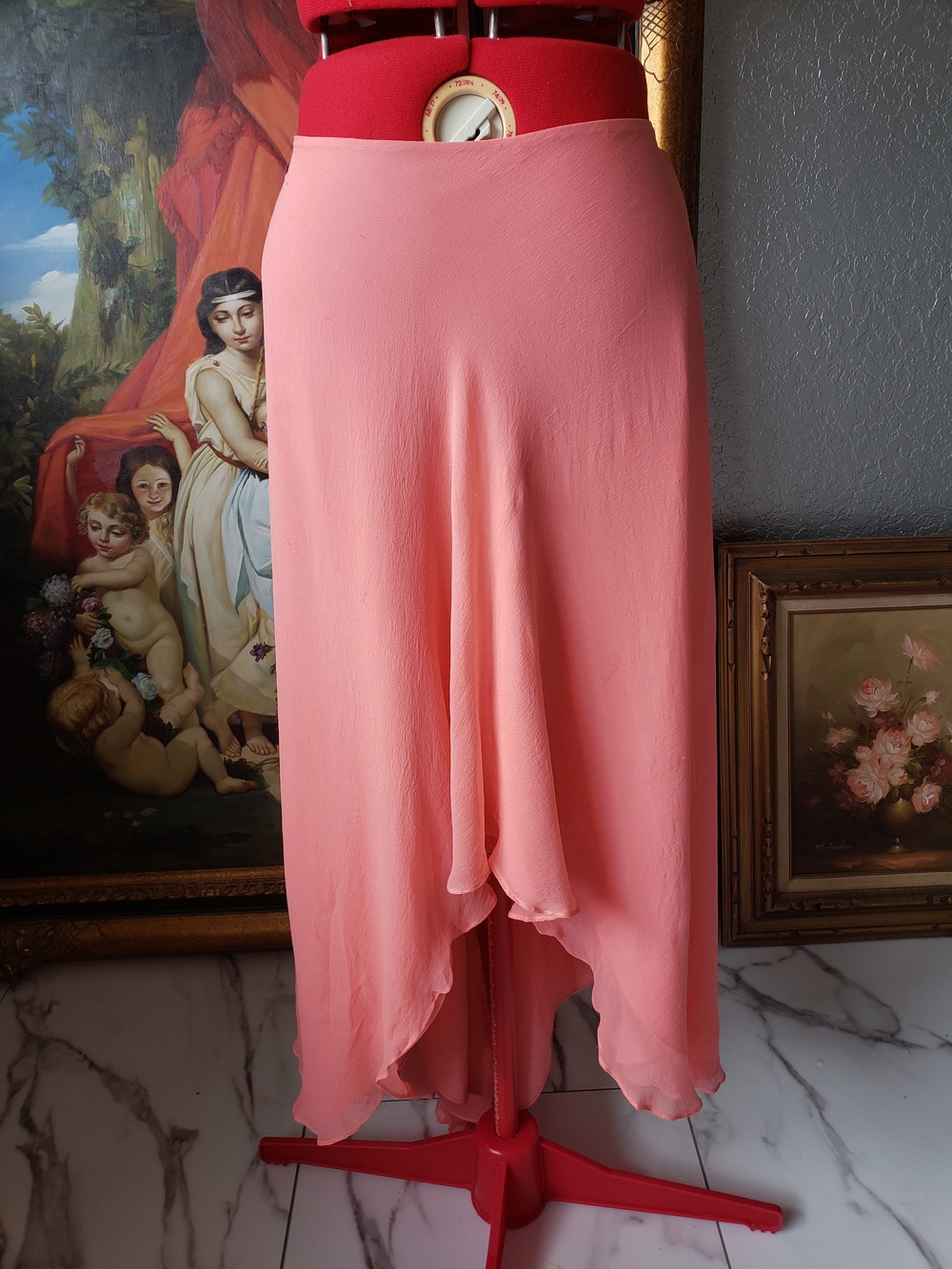 Cache Coral-Peach High-Low Chiffon Skirt